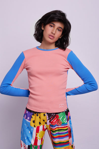 Les Filles X Unflower Ribbed Cotton Long Sleeve Pink and Blue Top