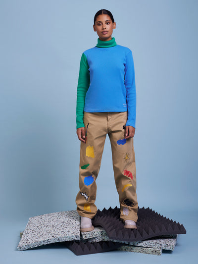 Les Filles X Unflower Green and Blue Turtleneck Ribbed Top